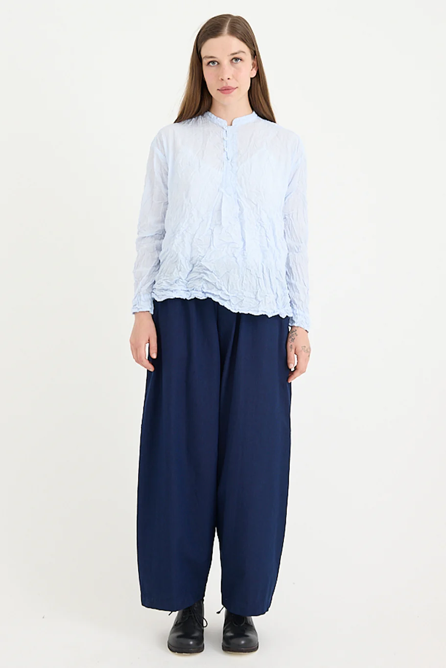 Pas De Calais - Washed Cotton Crinkle Stand Collar Shirt