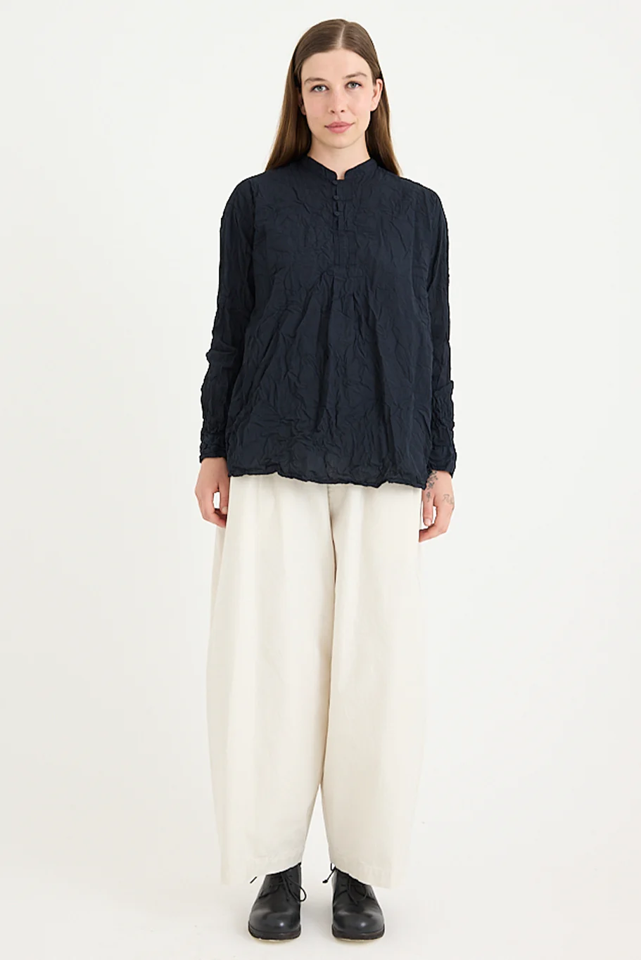 Pas De Calais - Washed Cotton Crinkle Stand Collar Shirt - Image 12