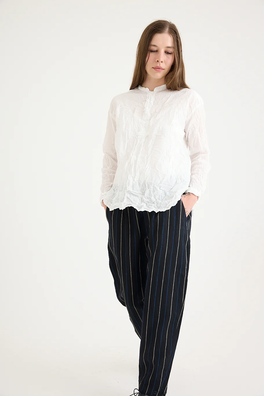 Pas De Calais - Washed Cotton Crinkle Stand Collar Shirt - Image 9